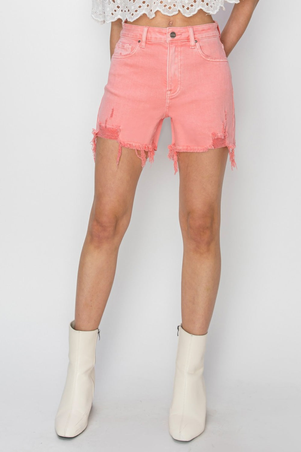 High Rise Distressed Denim Shorts