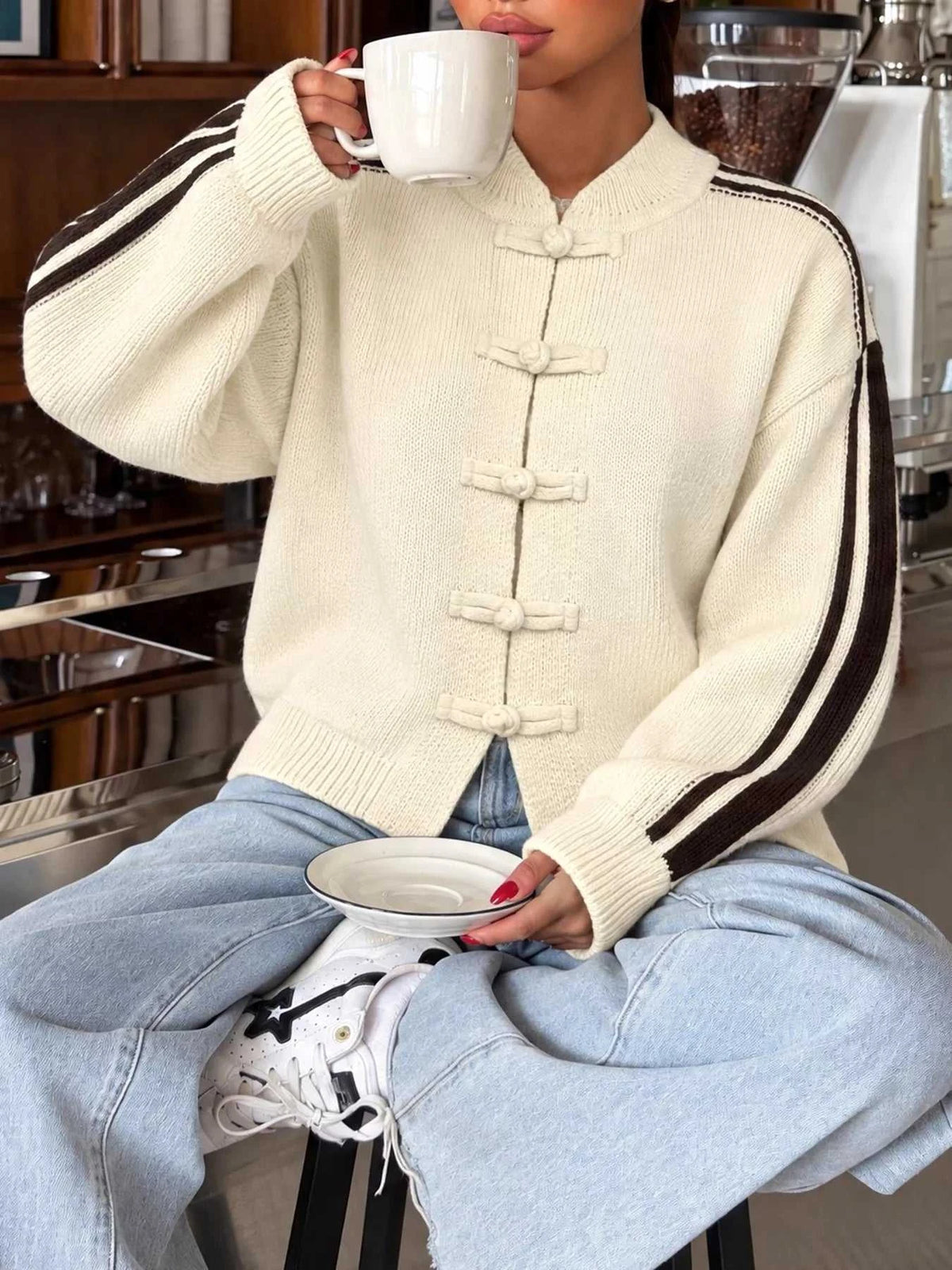 Chinese Knot Button Cardigan with Contrast Side Stripes 101002959338177 61 Affordable Fashion Under $100 Jerry's Apparel 