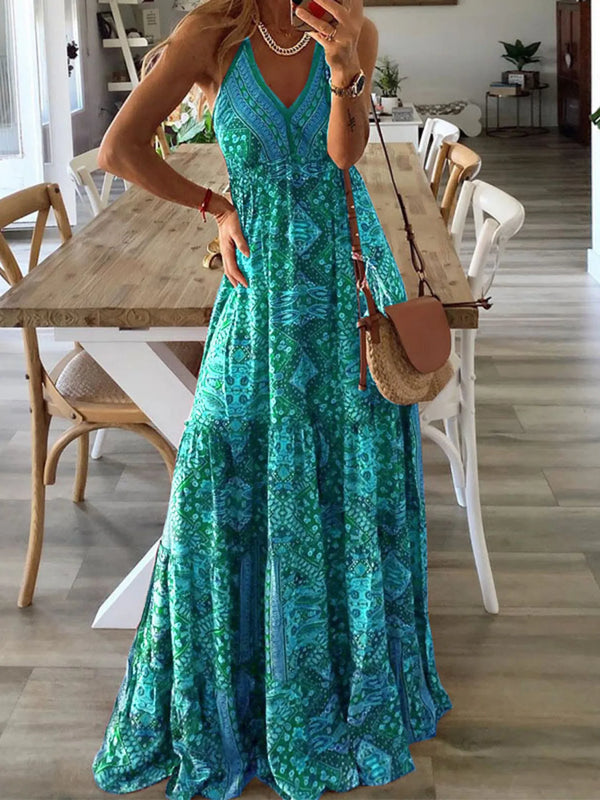 Full Size Printed V-Neck Maxi Cami Dress Plus Size