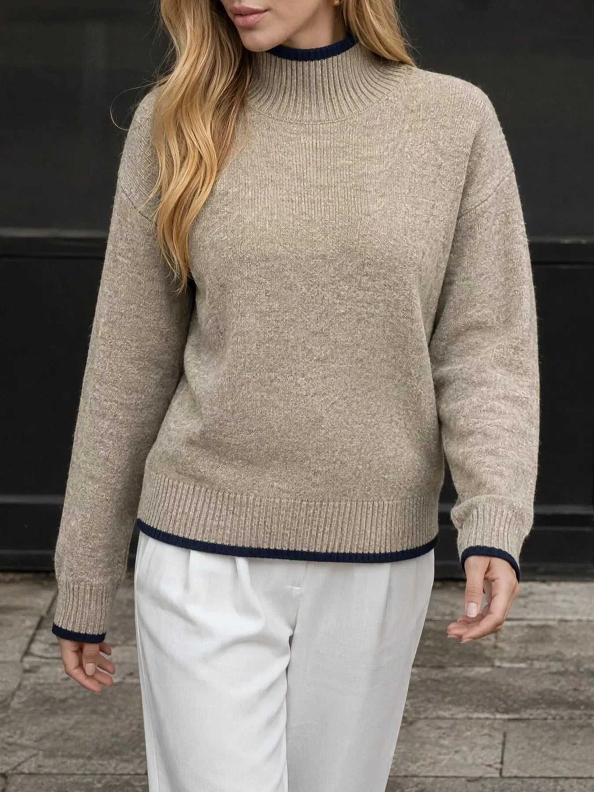 Cozy Mock Neck Sweater with Contrast Trim 100100811272855 41 Women's Sweaters and Knitwear Jerry's Apparel 