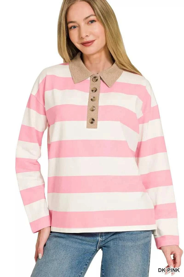 Zenana Striped Contrast Collar Polo Top 100100390151727 33 Affordable Fashion Under $100 Jerry's Apparel 