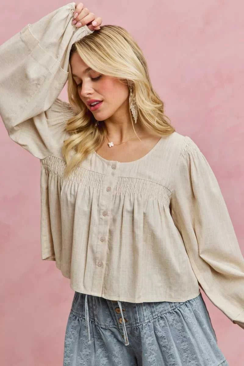 SO ME Linen Blend Woven Long Sleeve With Smocking Top 100100082081653 47 Affordable Fashion Under $100 Jerry's Apparel 