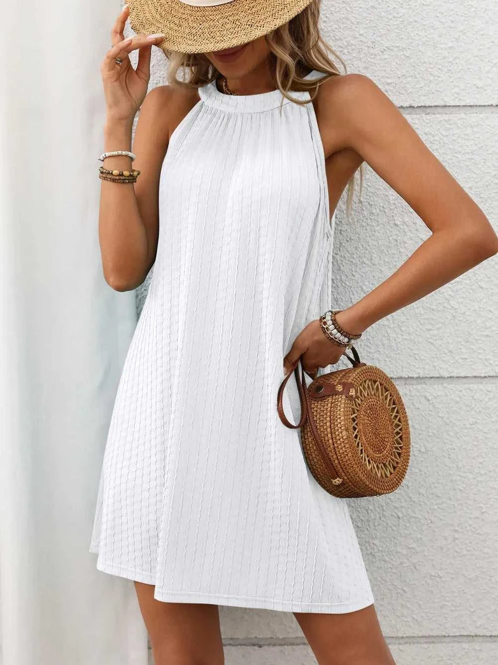 Textured Grecian Neck Mini Dress 100100516101866 24 Affordable Fashion Under $100 Jerry's Apparel 