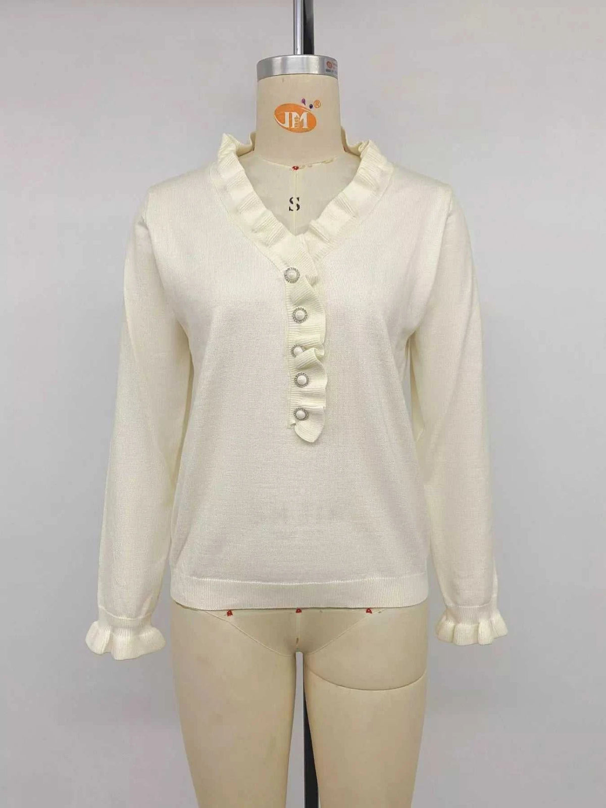 Ruffle Trim Pearl Button V-Neck Knit Top 100100535859062 43 Affordable Fashion Under $100 Jerry's Apparel 