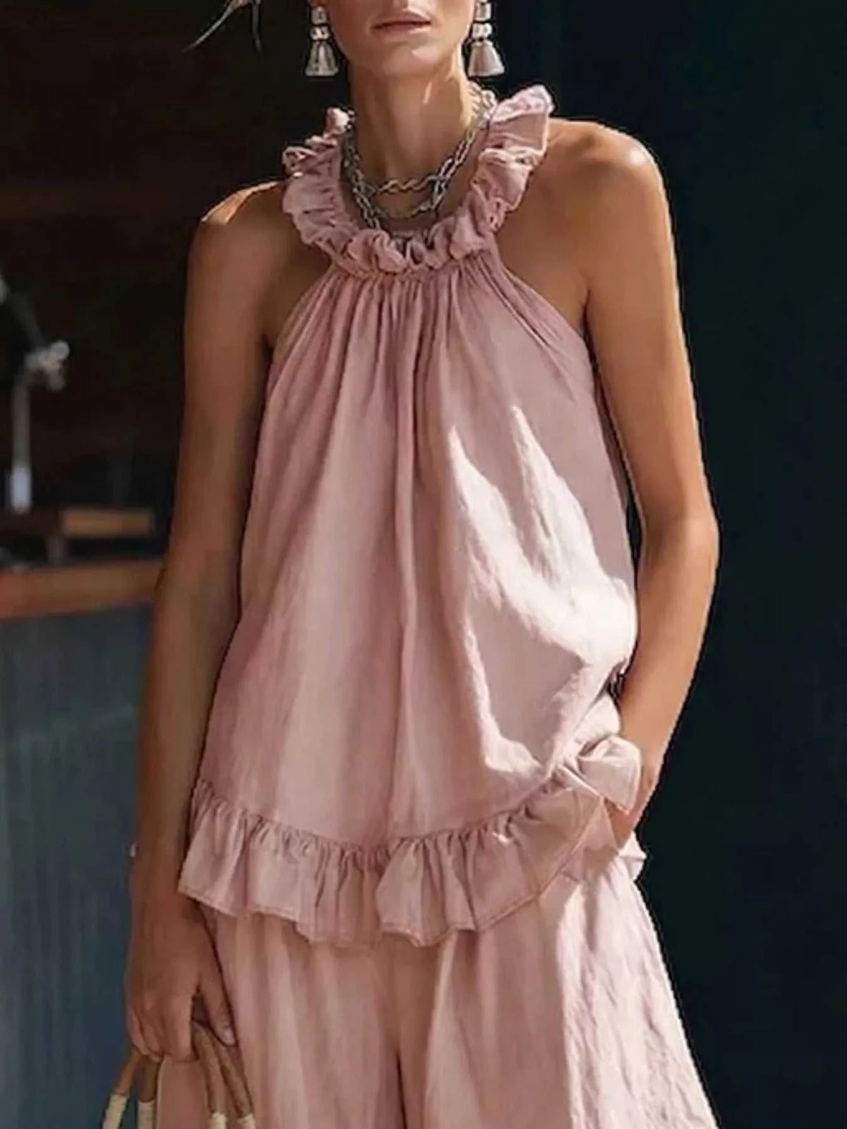 Full Size Ruffled Halter Neck Top and Wide-Leg Pants Set Plus Size 100100136728572 49 Affordable Fashion Under $100 Jerry's Apparel 