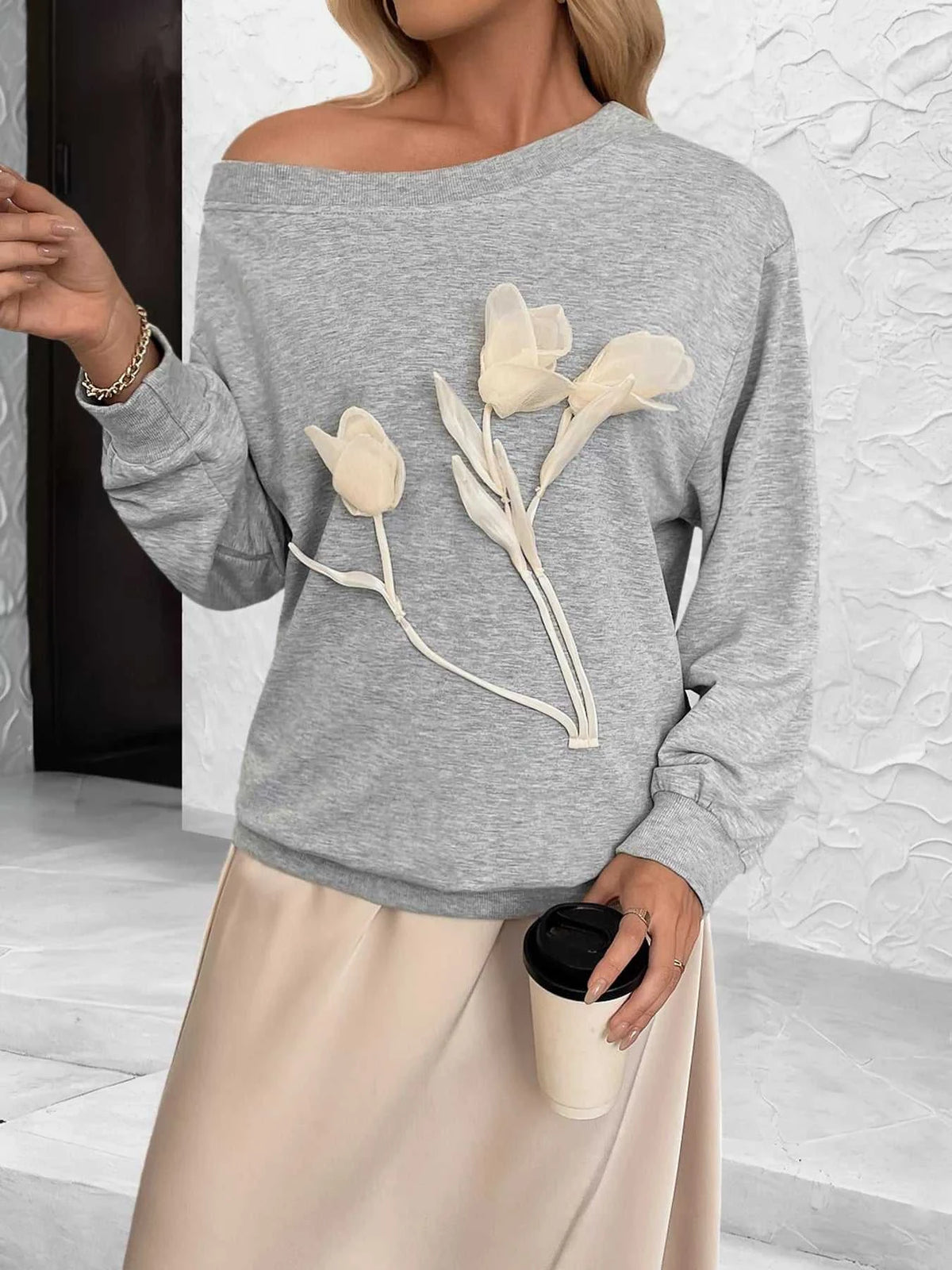 Floral Applique Boat Neck Sweatshirt 100100438954415 36 Affordable Fashion Under $100 Jerry's Apparel 