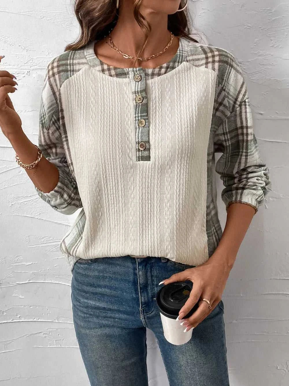 Perfee Plaid Half Button Long Sleeve T-Shirt 100100704091135 40 Affordable Fashion Under $100 Jerry's Apparel 