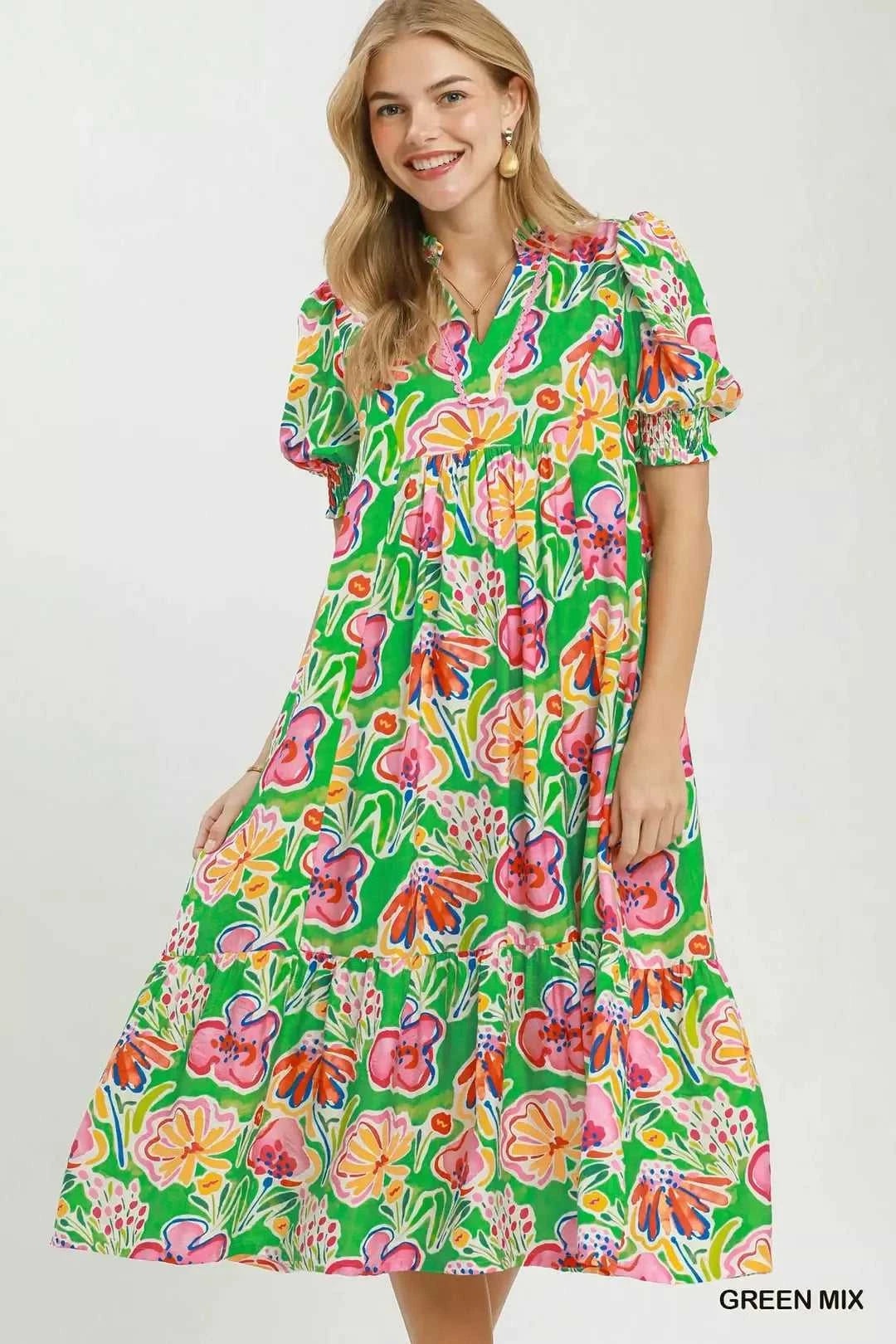 Umgee Floral Print Puff Sleeve Tiered Midi Dress 100100598261469 64 Affordable Fashion Under $100 Jerry's Apparel 