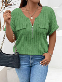Plus Size Ribbed Half Zip Relaxed Fit T-Shirt