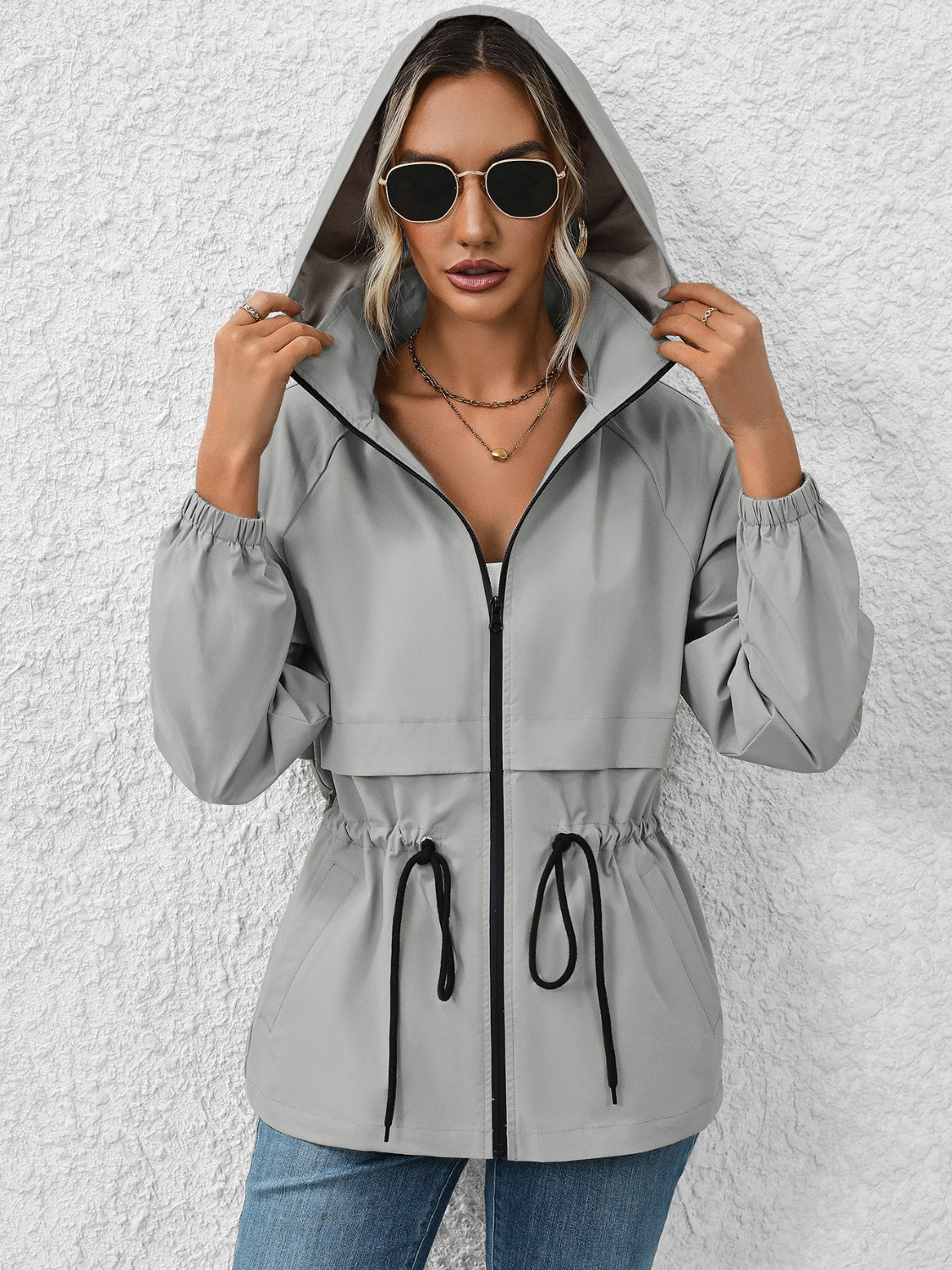 Ivy Lane Drawstring Zip Up Hooded Jacket