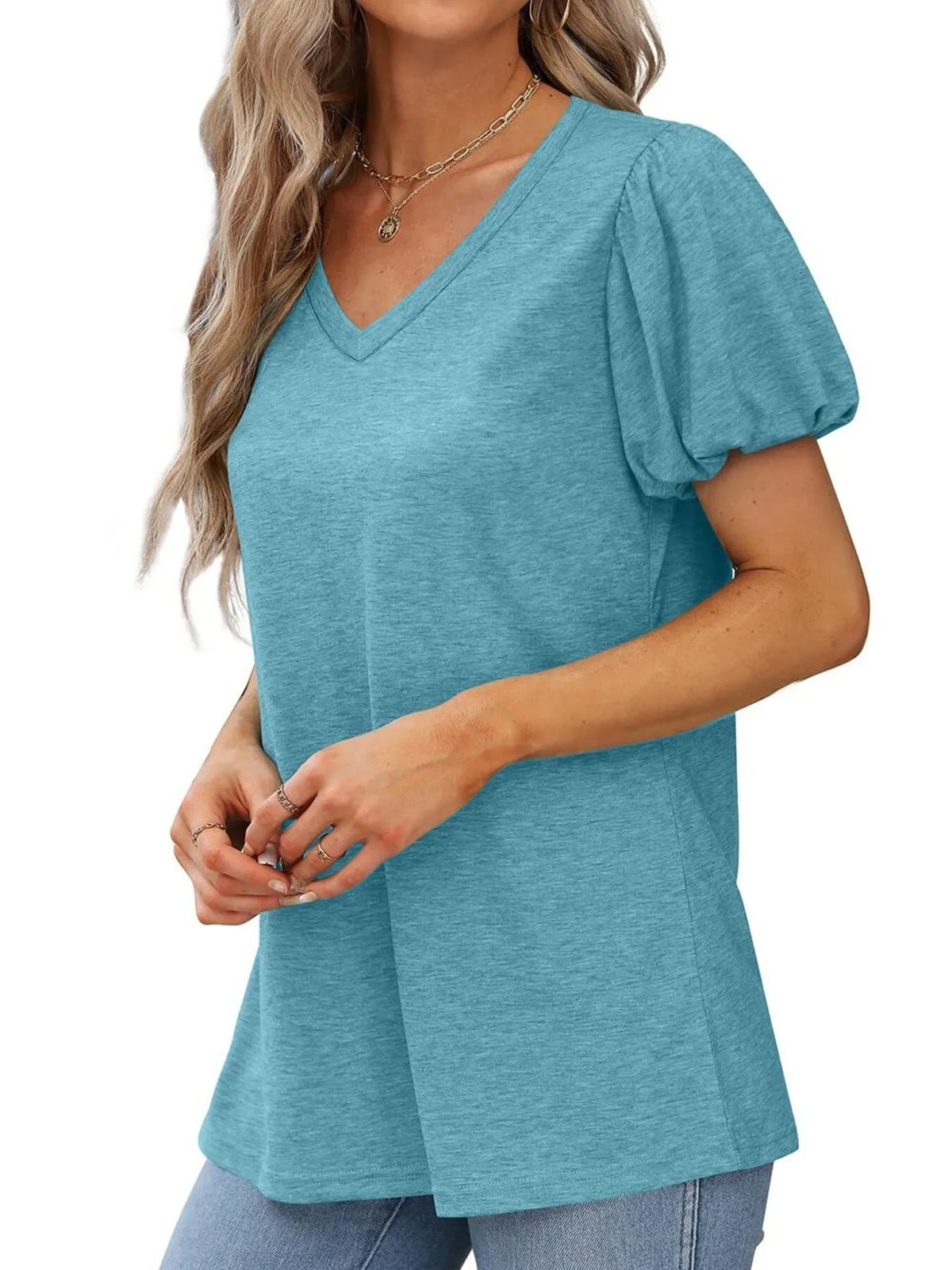 V-Neck Puff Sleeve Casual T-Shirt