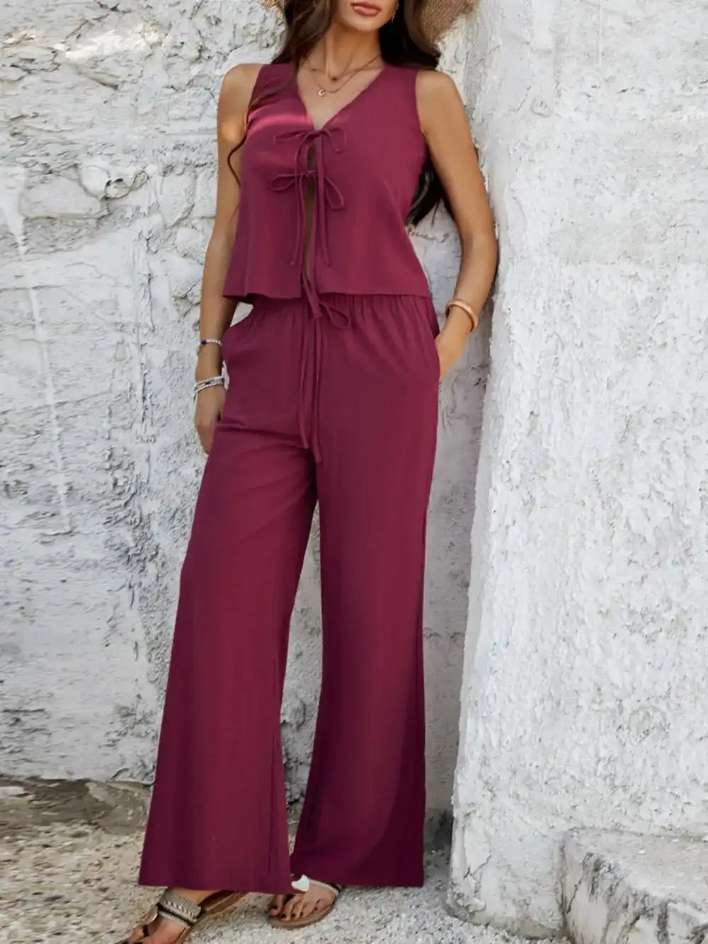 Devine Tied V-Neck Sleeveless Top and Pants Set 100100787639337 58 Gifts for Her Jerry's Apparel 