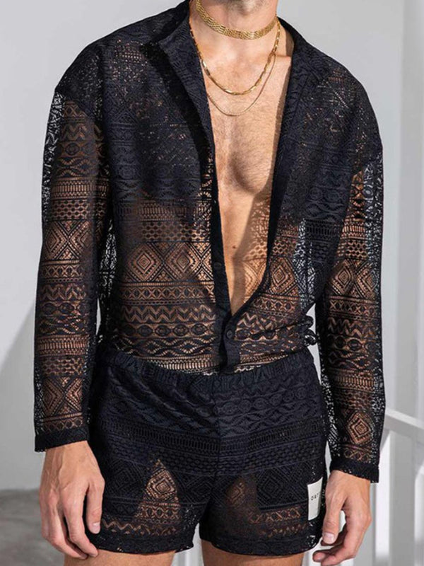 Men's Full Size Lace Button Down Top and Shorts Set Plus Size
