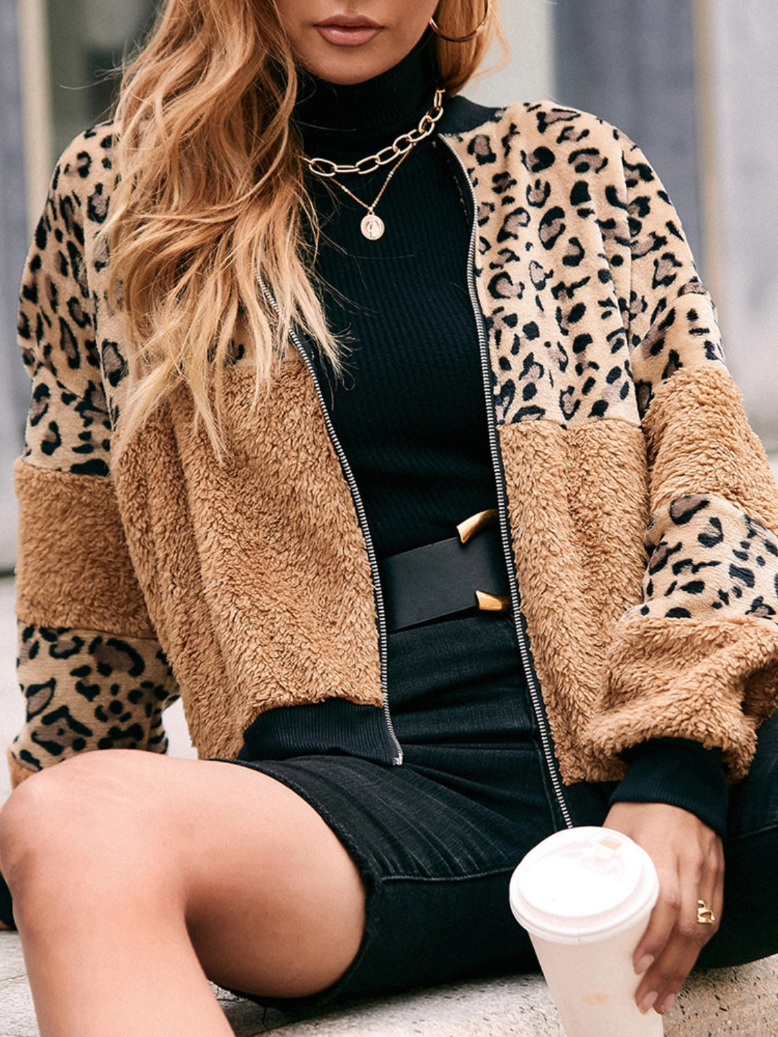 Ivy Lane Leopard Zip Up Plush Jacket