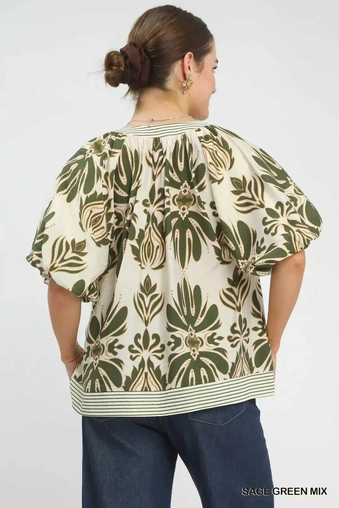 Umgee Mix Printed Puff Sleeve Top with Contrast Trim 100100368811018 47 Affordable Fashion Under $100 Jerry's Apparel 