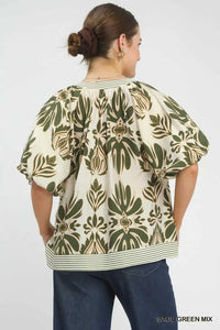 Umgee Mix Printed Puff Sleeve Top with Contrast Trim 100100368811018 47 Affordable Fashion Under $100 Jerry's Apparel 