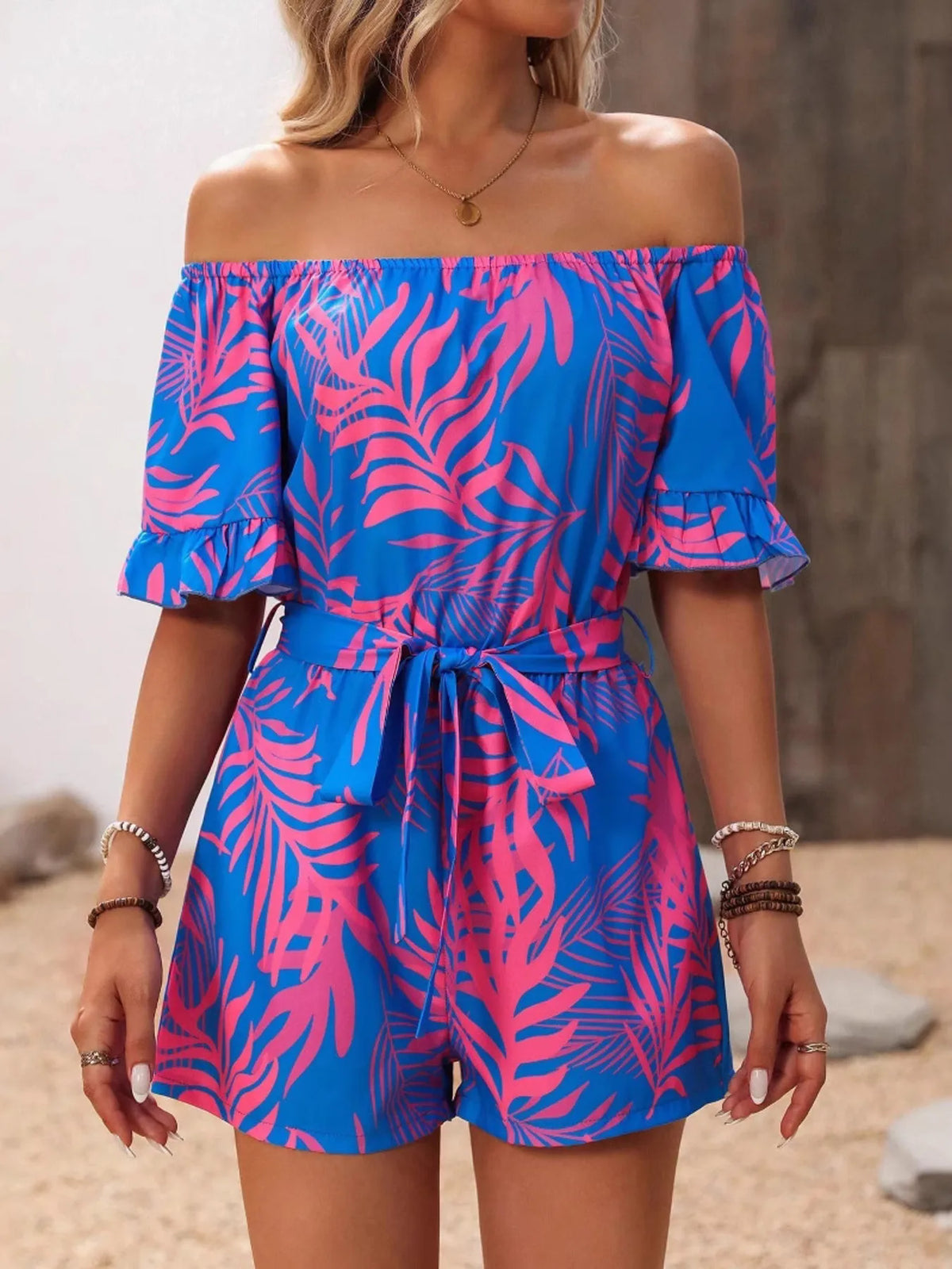 Tropical Print Off-Shoulder Romper