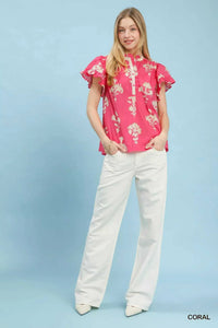 Umgee Floral Ruffle Sleeve Split-Neck Top 100100538031783 47 Affordable Fashion Under $100 Jerry's Apparel 