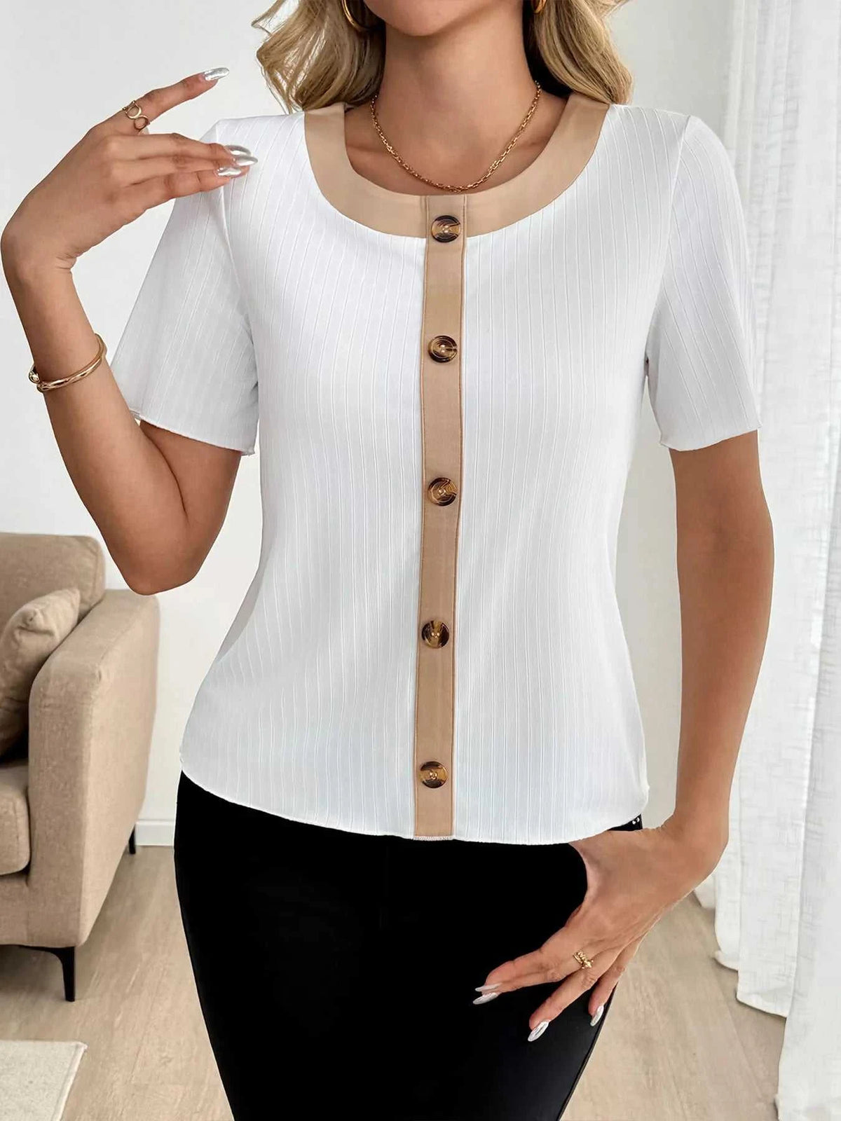 Decor Button Round Neck Short Sleeve Blouse 100100012421763 27 Affordable Fashion Under $100 Jerry's Apparel 