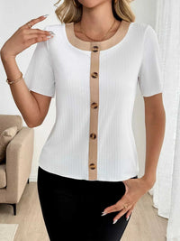 Decor Button Round Neck Short Sleeve Blouse 100100012421763 27 Affordable Fashion Under $100 Jerry's Apparel 