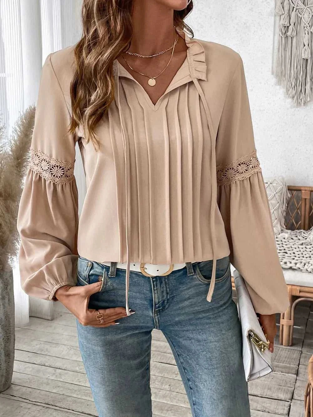 Perfee Frill Tie Neck Long Sleeve Blouse 100100140621598 33 Affordable Fashion Under $100 Jerry's Apparel 
