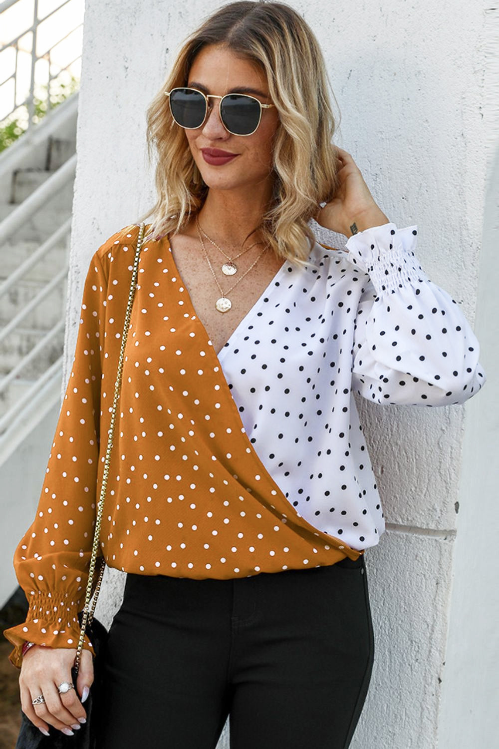 Ivy Lane Polka Dot Surplice Neck Lantern Sleeve Blouse