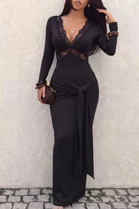 V-Neck Lace Trim Long Sleeve Tie-Waist Maxi Dress 101001905561104 36 Affordable Fashion Under $100 Jerry's Apparel 