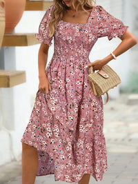 Floral Square Neck Short Sleeve Tiered Dress