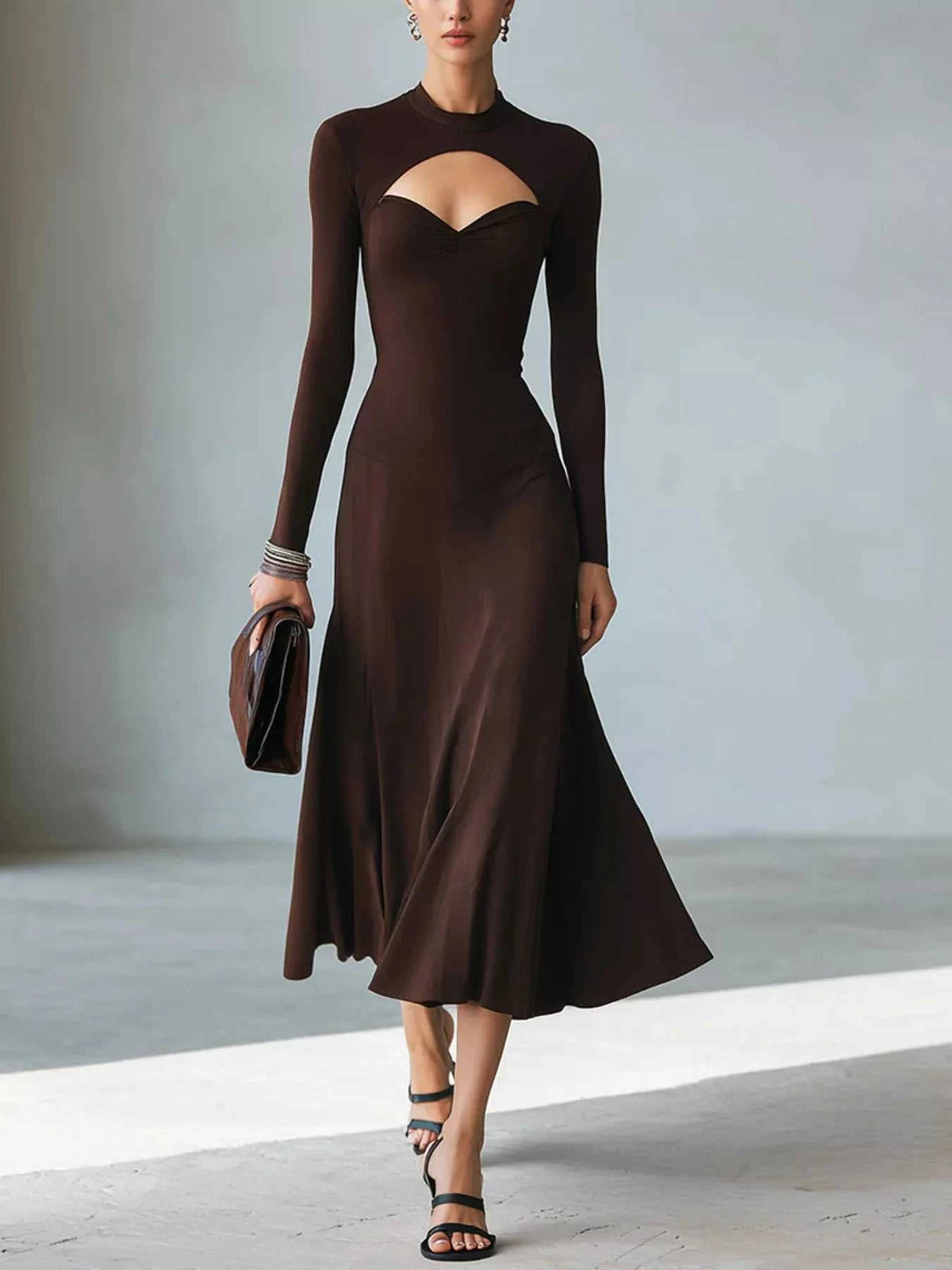 Full Size Mock Neck Cut-Out Long Sleeve Midi Dress Plus Size 101001217973891 41 Jerry's Apparel 