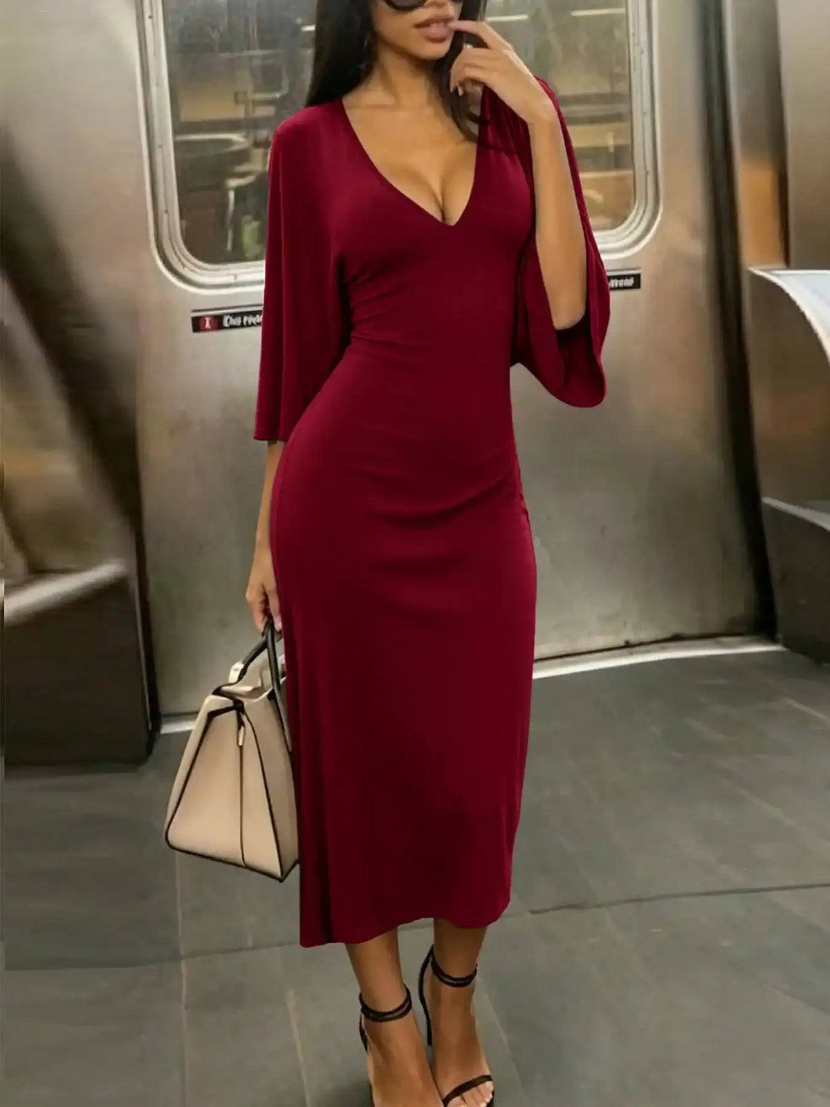 V-Neck Ruched Bodycon Midi Dress with Kimono Sleeves 101001064987065 35 Affordable Fashion Under $100 Jerry's Apparel 