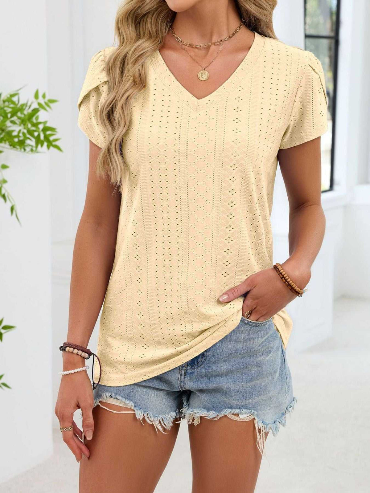 Eyelet Petal Sleeve V-Neck T-Shirt 100100180821182 24 Affordable Fashion Under $100 Jerry's Apparel 