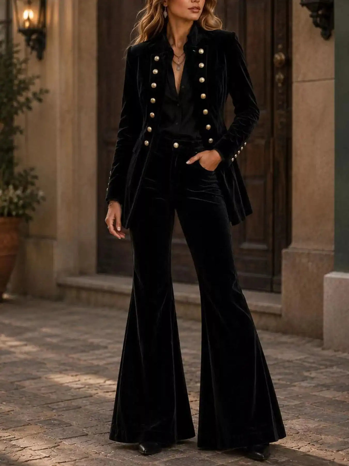 Velvet Double-Breasted Blazer and Flare Pants Set 101001710079074 99 Affordable Fashion Under $100 Jerry's Apparel 