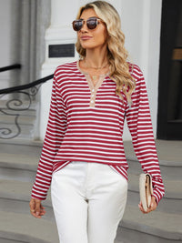 Striped Notched Long Sleeve T-Shirt