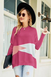 Woven Right Color Block Round Neck Side Slit Sweater