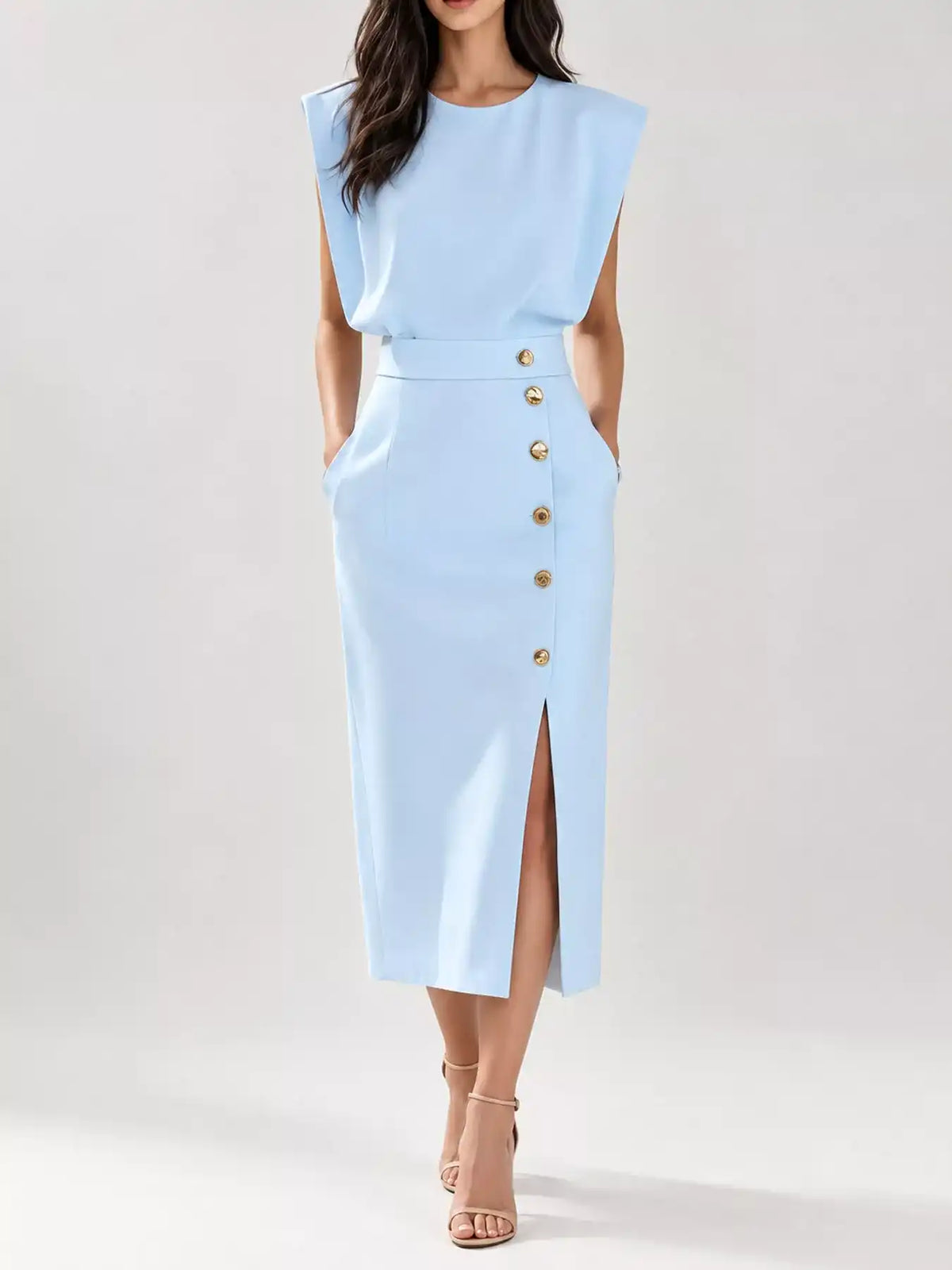 Sleeveless Midi Dress with Gold Button Detail and Side Slit 101001590890082 42 Affordable Fashion Under $100 Jerry's Apparel 