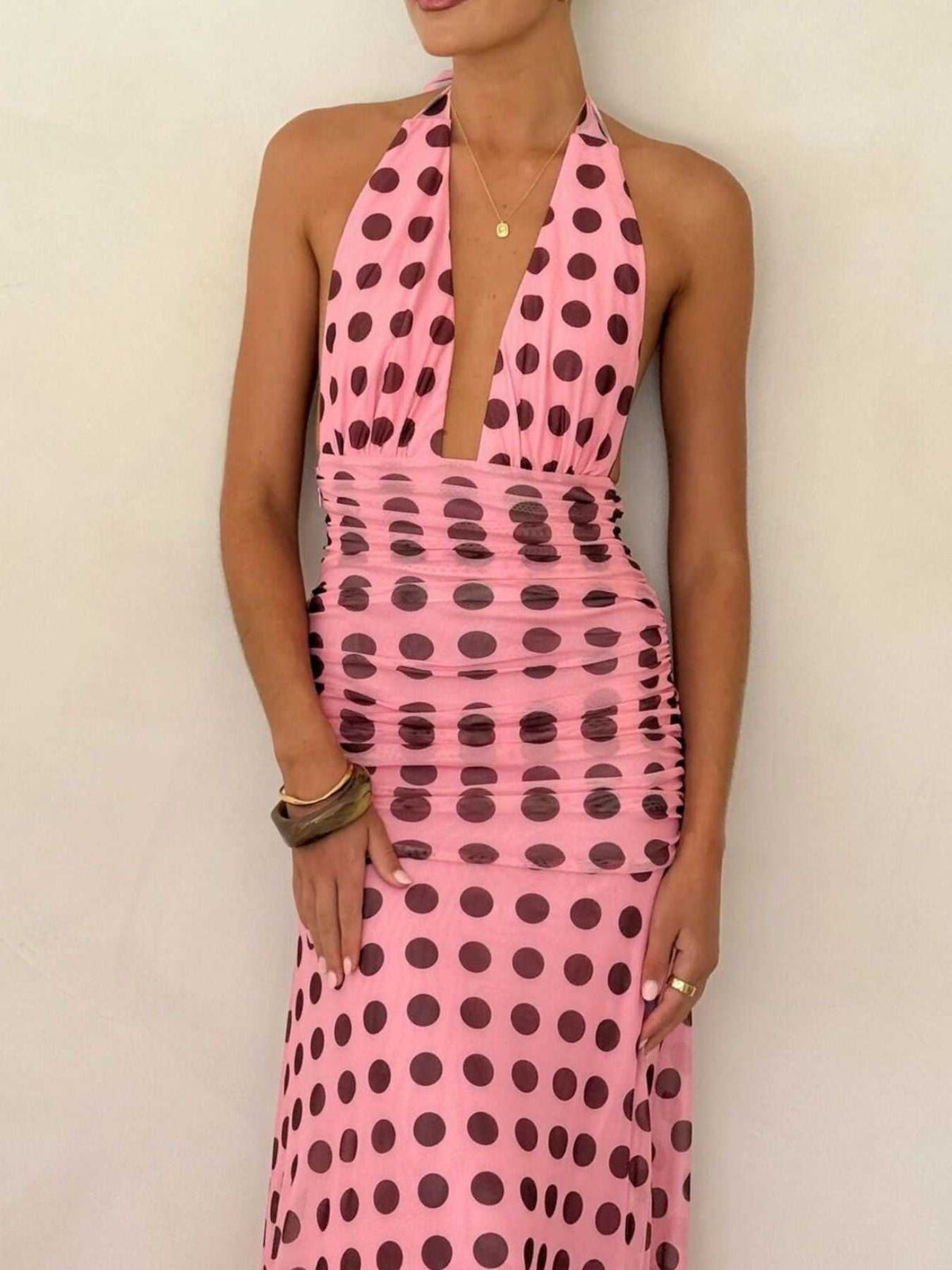 Polka Dot Halter Ruched Maxi Dress 100100900167641 56 Gifts for Her Jerry's Apparel 