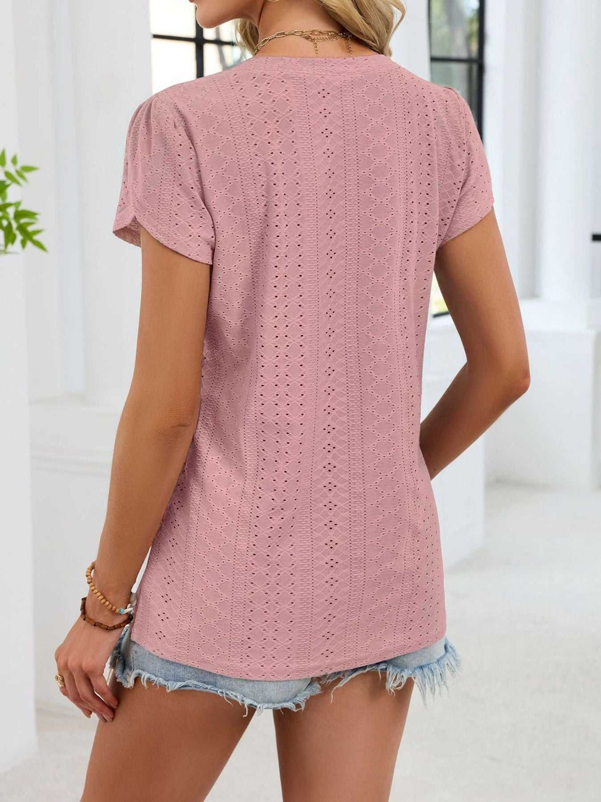 Eyelet Petal Sleeve V-Neck T-Shirt 100100180821182 24 Affordable Fashion Under $100 Jerry's Apparel 