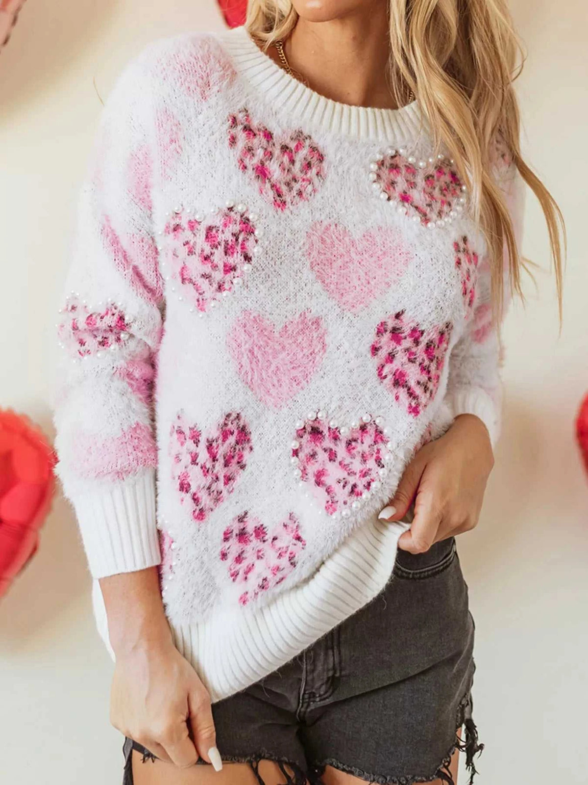 Heart Leopard Pearled Ribbed Trim Fuzzy Sweater 100100337623504 69 Affordable Fashion Under $100 Jerry's Apparel 