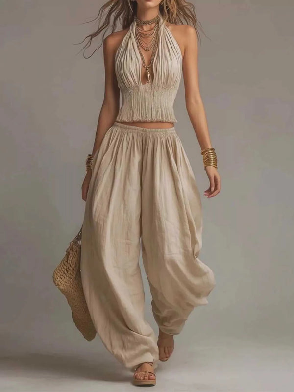 Full Size Halter Neck Top and Wide-Leg Harem Pants Two-Piece Set Plus Size 101001693228810 50 Affordable Fashion Under $100 Jerry's Apparel 