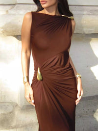 Draped Sleeveless Bodycon Maxi Dress with Metal Decorative 100100688722473 34 Jerry's Apparel 