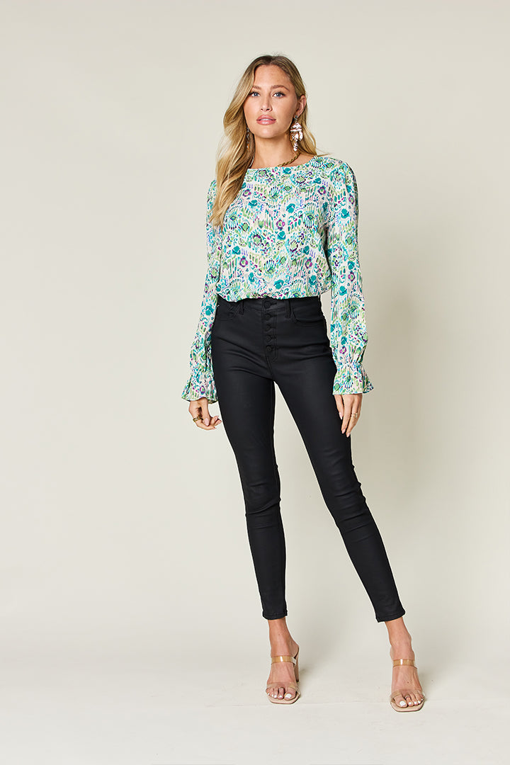 Full Size Printed Flounce Sleeve Blouse