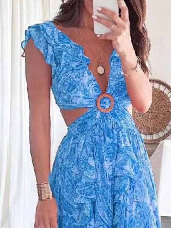 Full Size Ruffled Cutout V-Neck Maxi Dress Plus Size 100100023571871 43 Gifts for Her Jerry's Apparel 