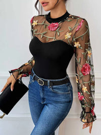 Floral Embroidered Mesh Long Sleeve Bodysuit 100100221400313 35 Affordable Fashion Under $100 Jerry's Apparel 