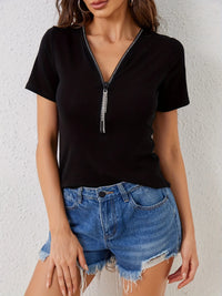Rhinestone Zipper Short Sleeve T-shirt
