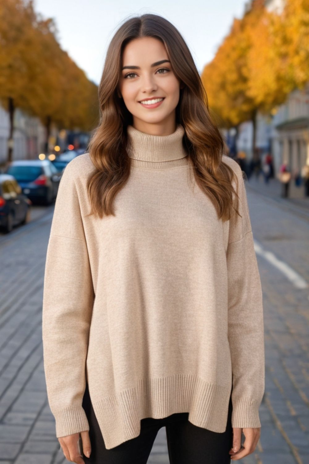 Basic Bae Side Slit Turtleneck Dropped Shoulder Sweater