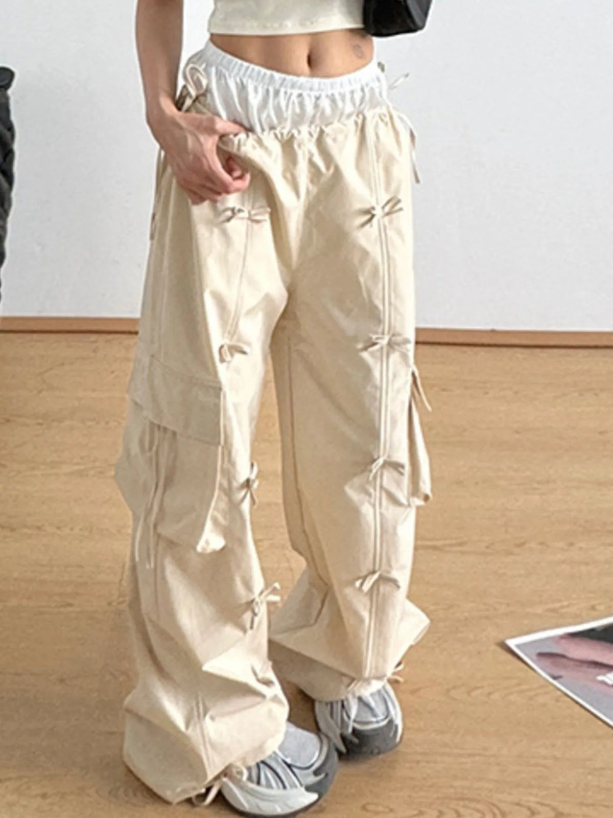 Cargo Wide Leg Pants with Bow Tie Details