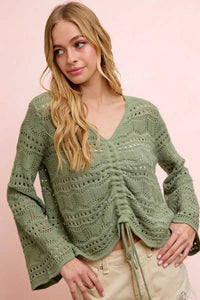 BiBi Pointelle Knit V Neck Ruched Front Lightweight Top 100100962711230 42 Affordable Fashion Under $100 Jerry's Apparel 