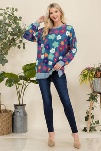 Celeste Full Size Side Slit Flower Print Long Sleeve Top