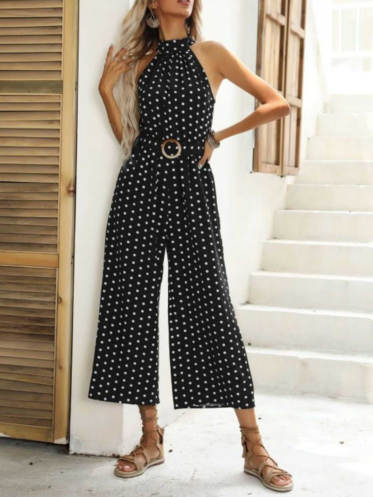 Polka Dot Halter Neck Wide Leg Jumpsuit 100100526983113 42 Affordable Fashion Under $100 Jerry's Apparel 