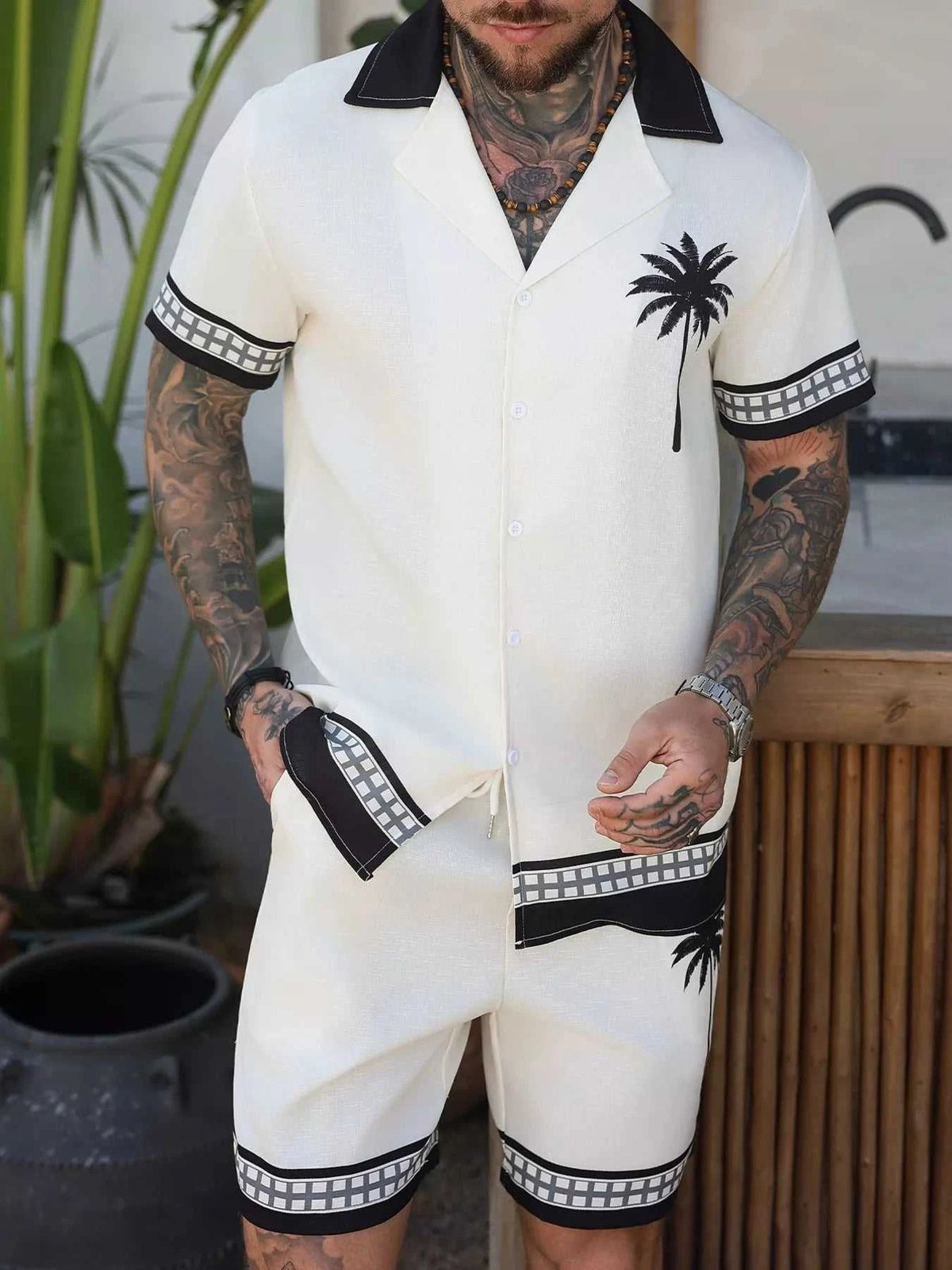 Men's Tropical Palm Tree Print Short Sleeve Shirt and Shorts Set 104001041094937 48 Affordable Fashion Under $100 Jerry's Apparel 